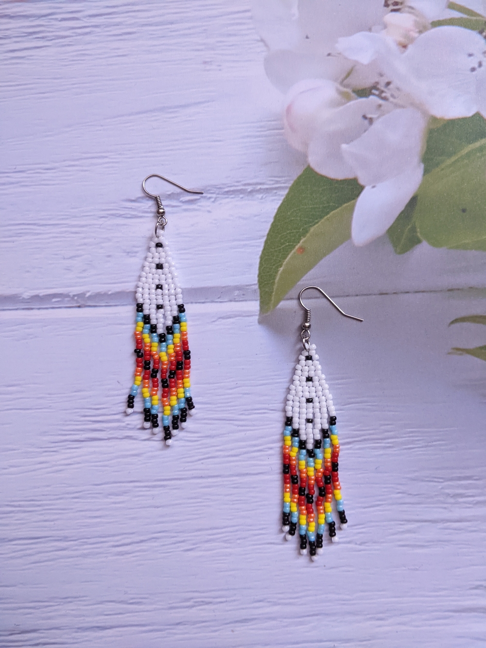 White Multi-Color Seed Bead Fringe Earrings